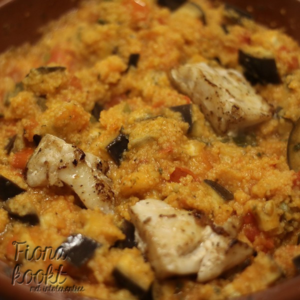 Aubergine tomaat stoof met kabeljauw